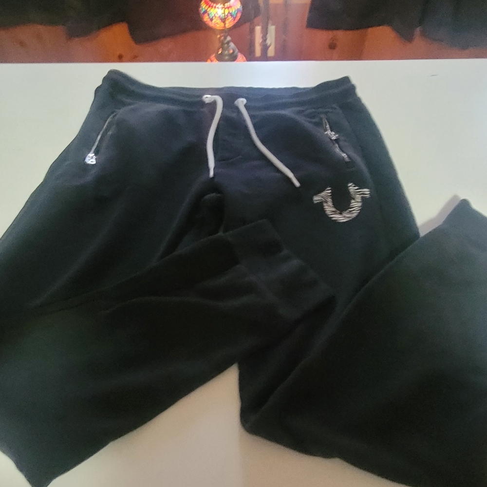 True Religion Black XL Joggers with Zebra Print Horseshoe.